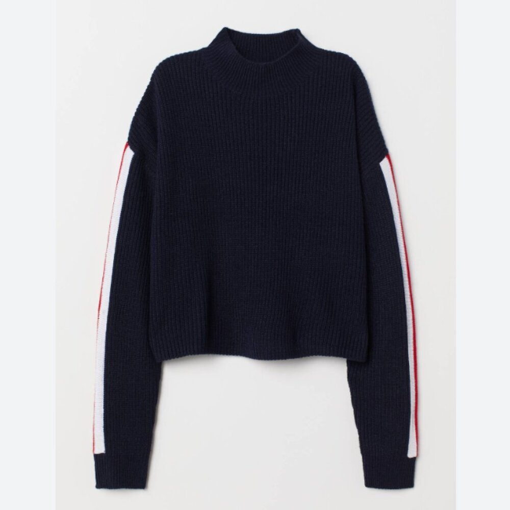 H&M Mockneck Navy Cropped Sweater with red/white arm stripes